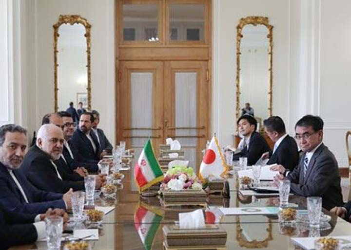 Iranian Foreign Minister Mohammad Javad Zarif meets with Japanese Foreign Minister Taro Kono and officials in Tehran.