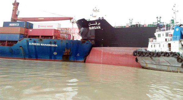 Oil tanker collided with the container ship in the river Karnaphuli yesterday morning .