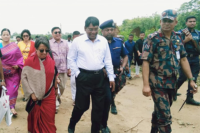 Indian High Commissioner in Bangladesh Riva Ganguly Das visited construction work of India-Bangladesh Maitri Bridge-1 t at Ramgarh Upazila of Khagrachhari district yesterday morning.