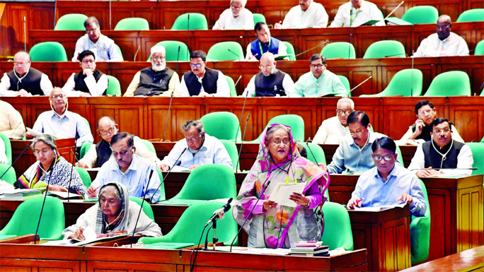 Prime Minister Sheikh Hasina winding up her speech on the supplementary budget for 2019-20 fiscal year in absence of Finance Minister AHM Mustafa Kamal on Monday.