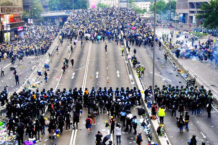 Protesters faced off against police during the huge rally on the streets of Hong Kong.