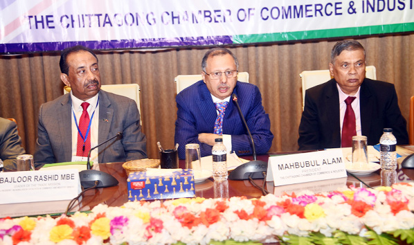 Mahbubul Alam, President, Chattogram Chamber of Commerce and Industry speaking at a view exchange meeting with delegates of UKBCCI at Bnagladesh Conference Hall in Port City yesterday.