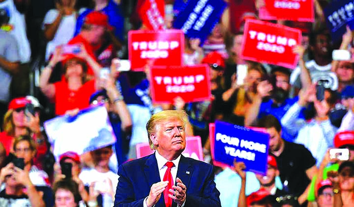 US President Donald Trump gestures after a rally at the Amway Center in Orlando, Florida to officially launch his 2020 campaign on Tuesday AP.