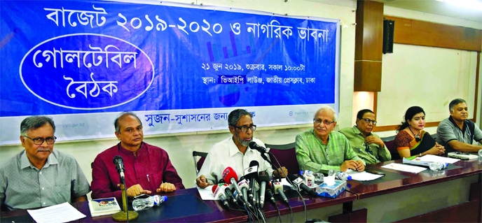 Speakers at a discussion arranged by Sushashoner Jonno Nagorik (Shujan), a civil society platform, on the proposed national budget at the National Press Club in Dhaka on Friday.