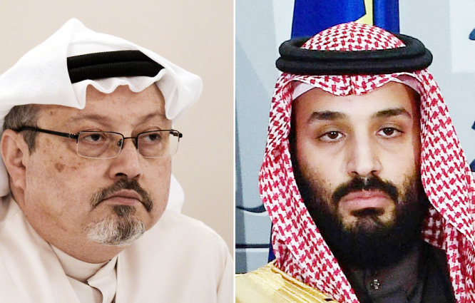 This combination of pictures shows file photos of Saudi journalist Jamal Khashoggi (left) and Saudi Arabia's crown prince Mohammed bin Salman.