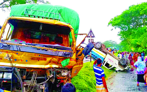 Three people were killed and 10 others injured after a truck rammed a pick-up van in Natore on Friday.