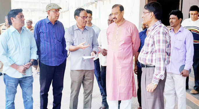 CCC Mayor A J M Nasir Uddin inspecting preparation work of City Awami League yesterday marking the upcoming 70th founding anniversary programme of Bangladesh Awami League today.