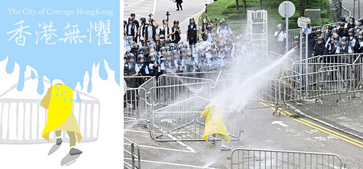 Photo of Hong Kong police using a water canon on a lone protester went viral and was turned into a meme by Australia-based Chinese dissident artist Badiucao.