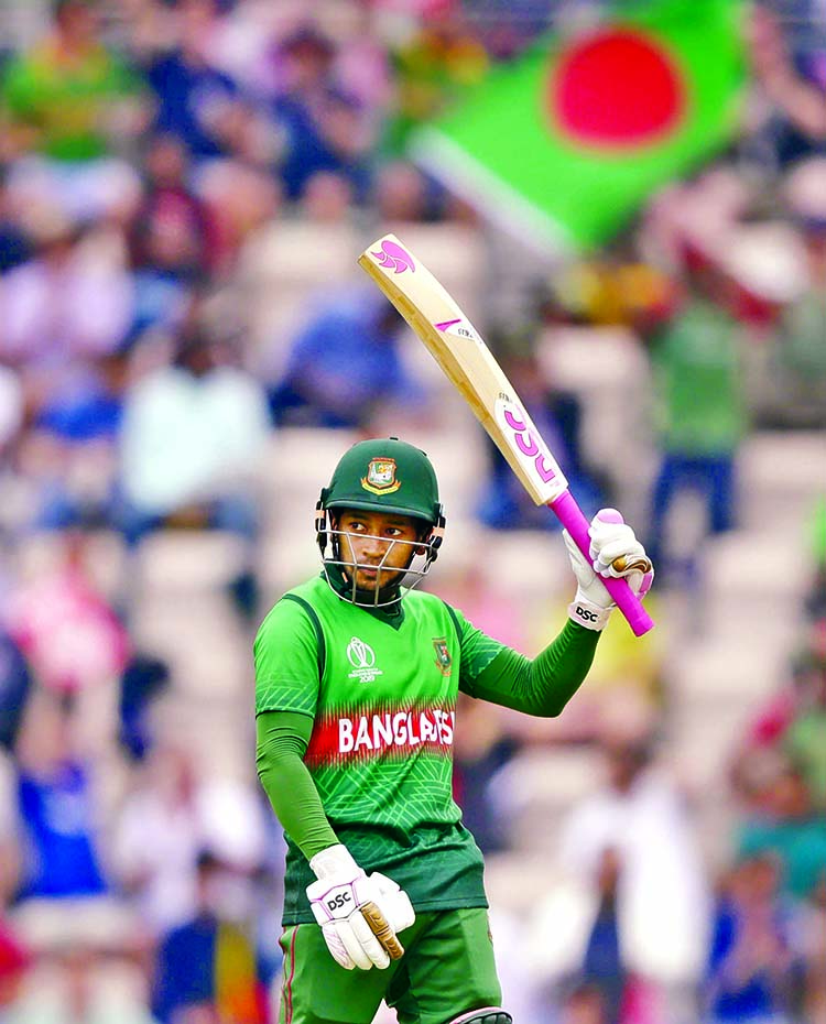Bangladesh's Mushfiqur Rahim celebrates reaching 50 runs during the ICC World Cup Cricket match between Bangladesh and Afghanistan at the Hampshire Bowl in Southampton in England on Monday. Mushfiqur hit a marvelous 83.