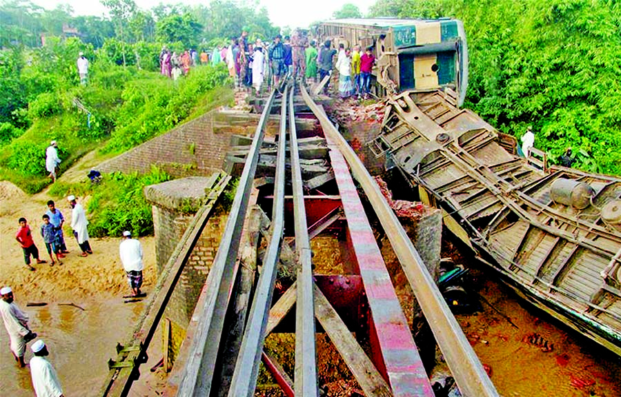Death toll from Sunday night's fatal train crash at Baramchal in Kulaura Upazila rises to seven as six bogies of Dhaka-bound Upaban Express veered off the track following culvert collapse.