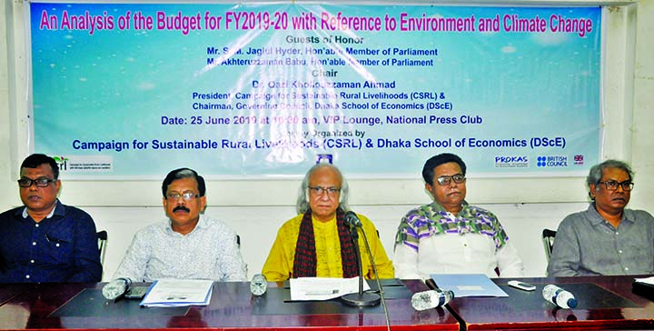 Economist Dr Quazi Kholiquzzaman, among others, at a discussion on 'An Analysis of the Budget for FY 2019-'20 with Reference to Environment and Climate Change' organised by Campaign for Sustainable Rural Livelihoods' at the Jatiya Press Club on Tuesda