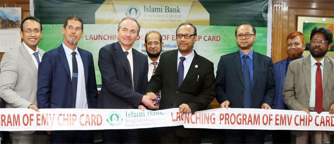 Md Mahbub ul Alam, Managing Director of Islami Bank Bangladesh Ltd, launching EMV Chip Card at the Bank's head office in the city on Sunday. Anatoly Loginov, Group Chairman of BPC and service provider (SmartVista), Mohammad Monirul Moula, Additional Mana