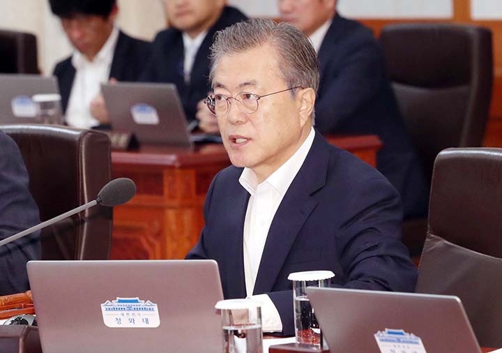 South Korean President Moon Jae-in speaks during a Cabinet meeting at the Presidential Blue House in Seoul on Tuesday.