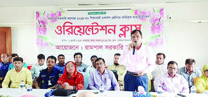 RAMAPAL(Bagerhat): Sheikh Moazzem Hossain, Chairman, Rampal Upazila Parishad speaking at inauguration of orientation class of Rampal Govt College as Chief Guest on Monday.