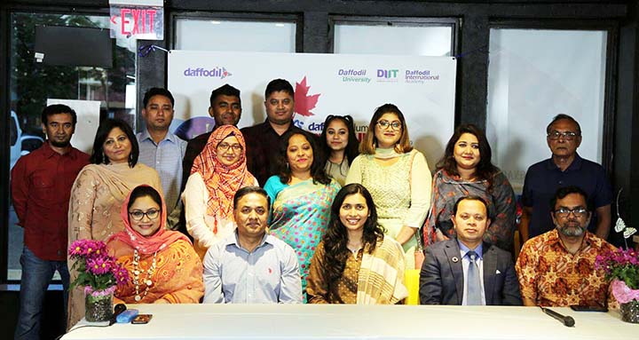 Doly Begum, MPP, Scarborough Southwest, Canada, Dr Md. Sabur Khan, Chairman, Daffodil Family and CEO Mohammad Nuruzzaman along with a group of alumni pose for a photograph at the Non Resident Daffodil Alumni Reunion 2019 at Ghoroaa Classic, Banquet Hall i