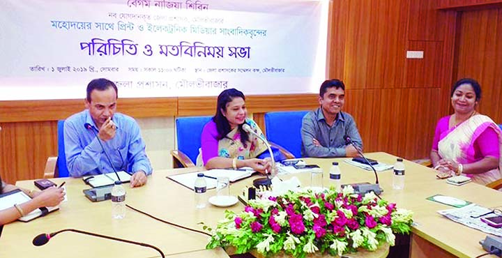 MOULVIBAZAR: Begum Nazia Shirin, newly appointed DC of Moulvibazar speaking at a view exchange meeting with journalists at DC Conference Room on Monday.