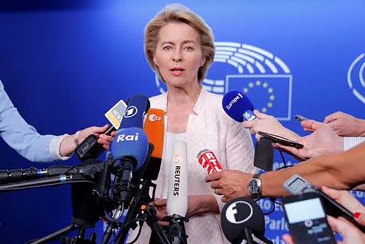 German Defense Minister Ursula von der Leyen, who has been nominated as European Commission President, attends a news conference during a visit at the European Parliament in Strasbourg.