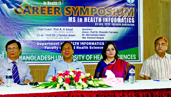 Director General of DGHS, MoHFW Prof A. K. Azad along with other distinguished persons at a career symposium in MS Health Informatics on great opportunity to build career in Health IT organised by the Department of Health Informatics of Bangladesh Univers