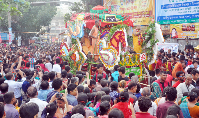Rath Yatra brought out by devotees at Anderkillah Point on Thursday.