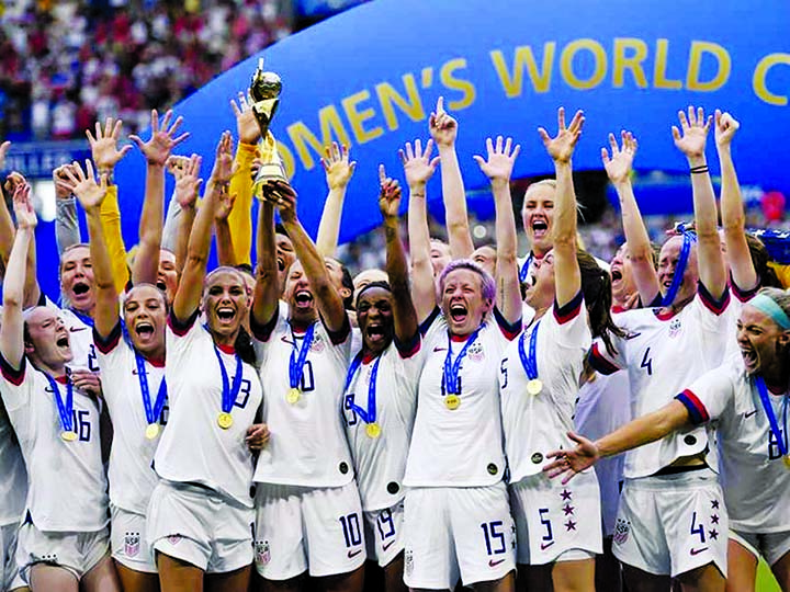 US players rejoice after Women's Football World Cup win at Lyon, France on Sunday.