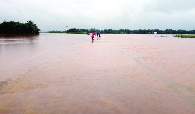 SUMANGANJ: Sunamganj- Bishyambharpur- Taherpur Road in Sunamganj has been inundated due to heavy rainfall and hilly water flow on Tuesday.