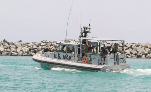 A US Navy patrol boat cruises waters off the Gulf Emirate of Fujairah.