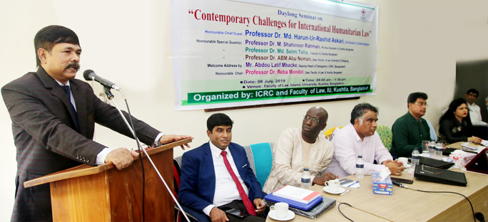 Islamic University Vice Chancellor Prof Dr M Harun-Ur-Rashid Askari speaks at a seminar on 'Contemporary Challenges for International Humanitarian Law' at the University on Monday.