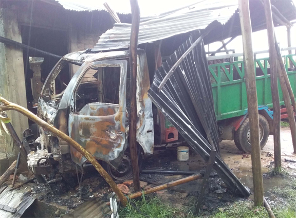 Miscreants burnt a car and houses at Bhujpur area in Fatikchhari on Tuesday night.