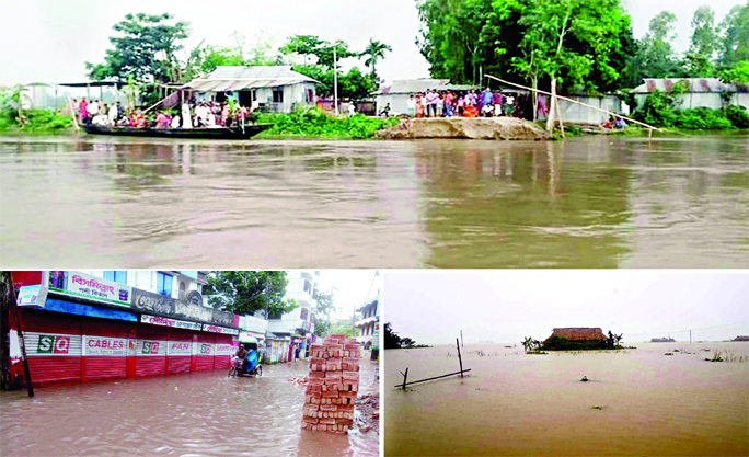 As Teesta, Brahmaputra and Jamuna rivers flowing above danger mark, most of the villages of Gaibandha (top) Brahmanbaria (left bottom) and Sylhet (R) went under water due to heavy downpour and upper stream waters as well. This photo was taken on Saturday.