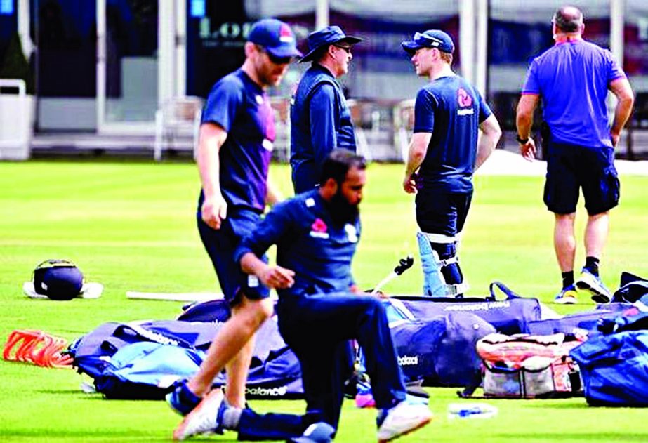 Players of England Cricket team during their practice session at the Lord's in London on Saturday.