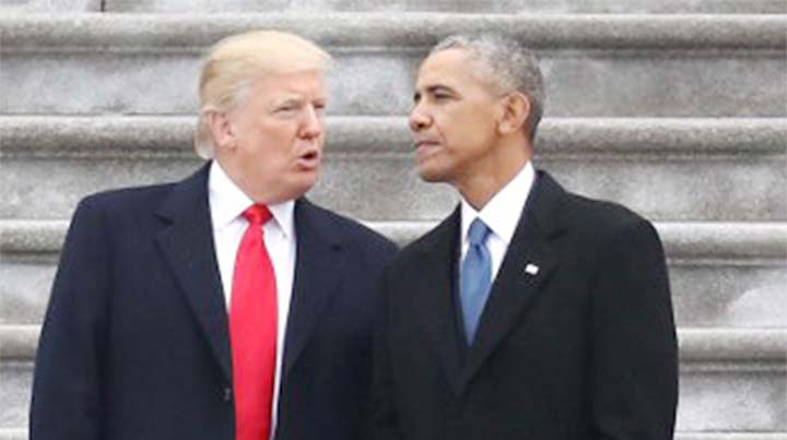 Britain's ambassador Kim Darroch wrote in a diplomatic cable in May 2018 that US President Donald Trump pulled out of the Iran nuclear deal because it was associated with his predecessor Barack Obama. In this photo, US President Donald Trump and former p