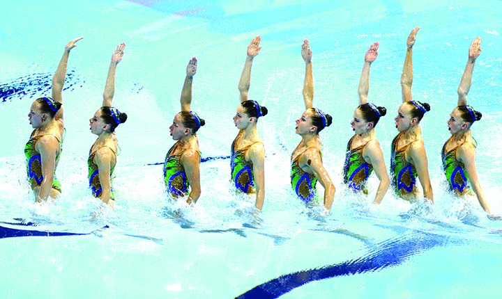 Belarus perform their routine in the artistic swimming team technical preliminary at the World Swimming Championships in Gwangju, South Korea on Sunday.