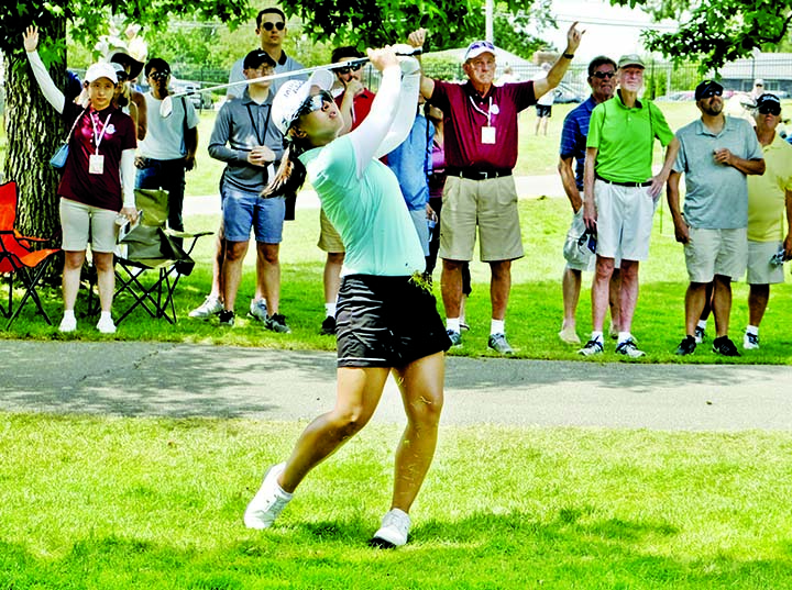 Sei Young Kim watches a shot to the eighth green after overshooting the short hole during the third round of the LPGA Marathon Classic golf tournament at Highland Meadows Golf Club in Sylvania, Ohio on Saturday.
