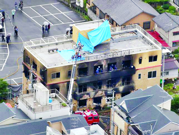 This aerial view shows the rescue and recover scene after a fire at an animation company building killed some two dozen people in Kyoto on Thursday.