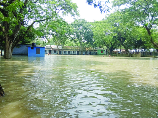 MELANDAH (Jamalpur) : Nangla Primary School, madrasa and union parishad compound have been submerge due to flood . This picture was taken on Thursday.
