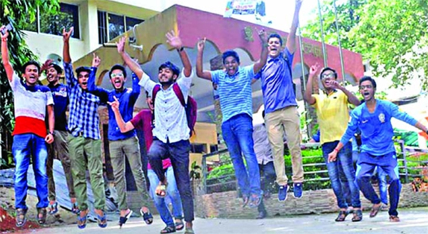 Students of Chattogram College celebrating their success in HSC exams on Wednesday.