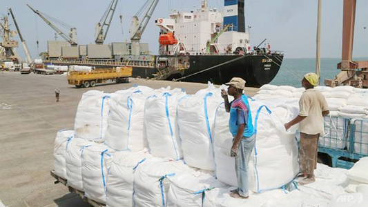 Yemenis receive sacks of food aid packages from the World Food Programme (WFP) in the Yemeni port city of Hodeida.