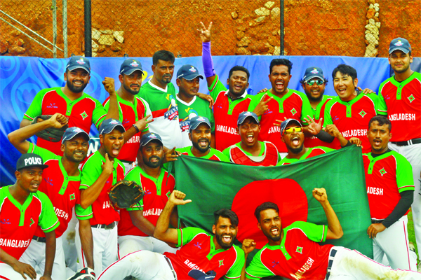 Members of Bangladesh Baseball team celebrating after defeating Nepal Baseball team by 11-4 points in their match of the 14th West Asia Baseball Cup at Sri Lanka-Japan Friendship Baseball Stadium in Sri Lanka on Friday. Bangladesh finished fifth in the ba