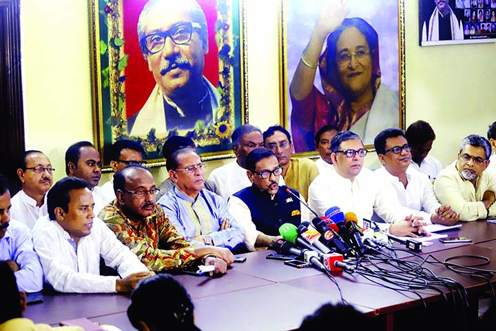 Awami League (AL) General Secretary and Road Transport and Bridges Minister Obaidul Quader speaking about the complaints of minority repression made by NGO worker Priya Saha to US President Donald Trump at a press conference at the AL President's politic