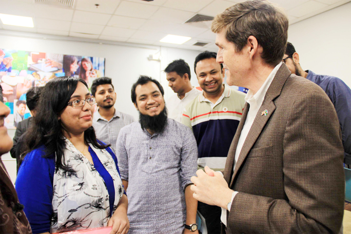 US Ambassador to Bangladesh Earl R Miller talks with the Bangladeshi students at their Pre-Departure Orientation program held at the American Center in the city on Wednesday.