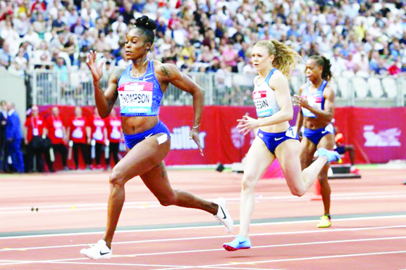 Olympic champion Elaine Thompson (front) cruising to victory in the 200 metres at the Anniversary Games in London on Saturday.
