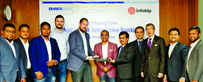 AMM Moyen Uddin, Head of Information Technology Division of Dhaka Bank Ltd and Rahad Hossain, Country Manager of Infobip (an international communications company), exchanging an agreement signing document at the bank's corporate office recently. Syed Mah