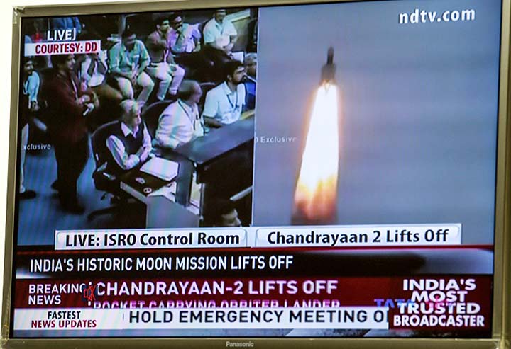 The launch of Chandrayaan-2, or Moon Chariot 2, was broadcast live on TV.