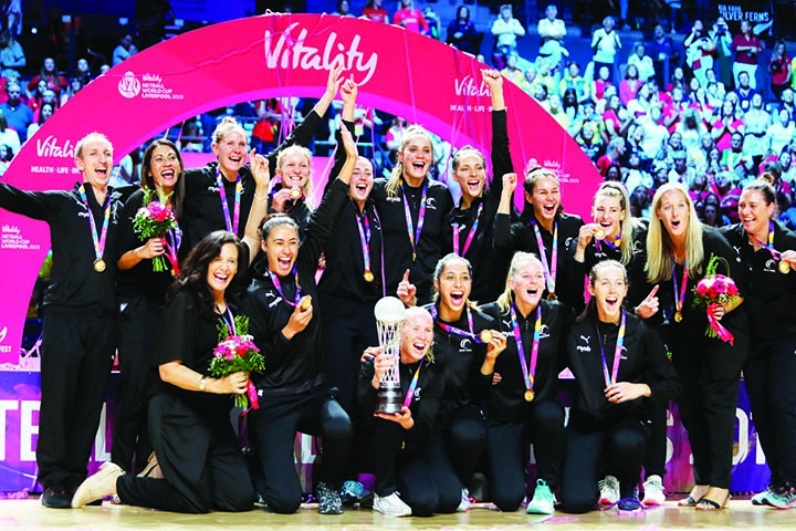 New Zealand's players celebrate after winning the Netball World Cup final match against Australia at M&S Bank Arena in Liverpool, England on Sunday.