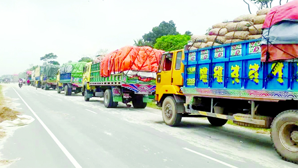 Hundreds of vehicles along with goods laden truck got stuck near Shimulia-Kathalbari navigation route as ferry services were disrupted due to heavy current in River Padma on Monday.-