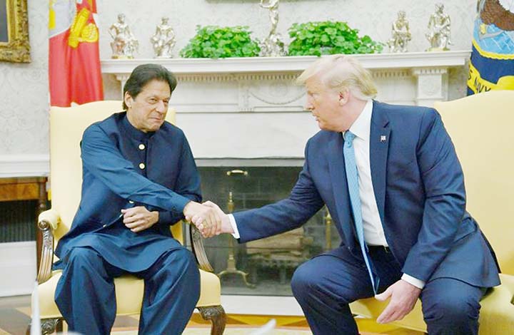 US President Donald Trump praised Pakistan for its help in advancing peace talks in Afghanistan as he hosted Prime Minister Imran Khan in the Oval Office on Monday.