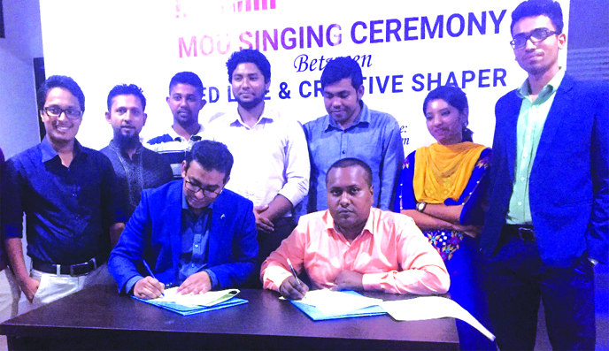 Saidul Islam Uzzal, CEO of Creativeshaper and Mohammad Mohibur Rahman, Director of Red Line Solutions, signing an agreement at a city hotel recently. Under the deal, both the Companies will act as their strategic partners.