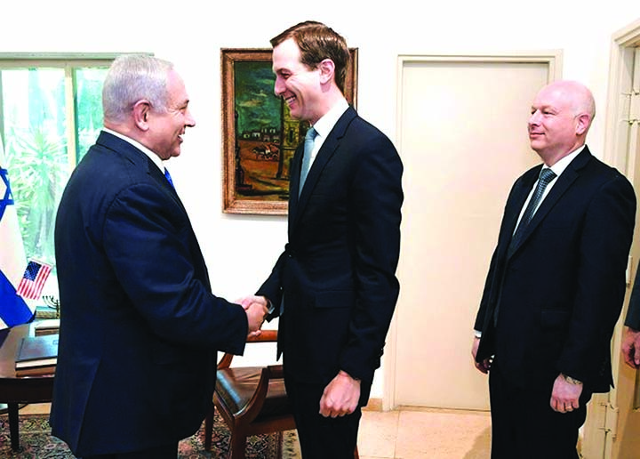 US Middle East envoy Jason Greenblatt, pictured with White House advisor Jared Kushner and Israeli Prime Minister Benjamin Netanyahu (L), says direct talks are the only way to resolve the conflict between the Jewish State and the Palestinians.
