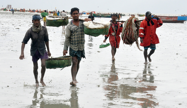 Fishermen happily returning home from the sea with huge catch of hilsha . This picture was taken from city's Kartoly Rashmonighat. Photo : Bachhu Barua
