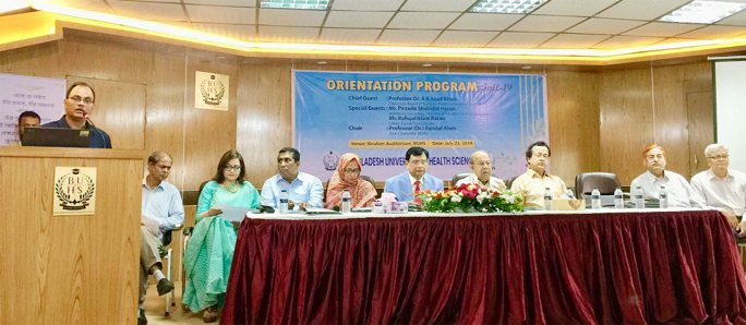 Prof AK Azad Khan, Chairman of Board of Trustees of speaks at the fresher's reception program for Fall 19 session of Bangladesh University of Health Sciences organized at the Ibrahim Auditorium of the University on Tuesday.